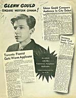 Front page of a 1951 publicity flyer with a photograph of Glenn Gould and excerpts from newspaper reviews of his concerts