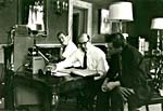 Photograph of Glenn Gould, Howard Scott and a CBS recording engineer, listening to tapes of the STRING QUARTET, OP. 1