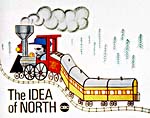 Promotional artwork, with cartoon of train and photograph of Gould's face as conductor, advertising the program THE IDEA OF NORTH