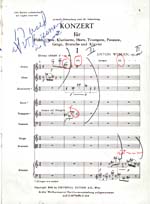 Annotated page 1 of score, CONCERTO FOR NINE INSTRUMENTS, OP. 24, by Anton Webern