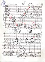 Annotated page 8 of score, CONCERTO FOR NINE INSTRUMENTS, OP. 24, by Anton Webern