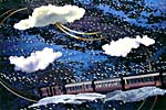 Collage with image of a train in the clouds, by Joan McCrimmon Hebb